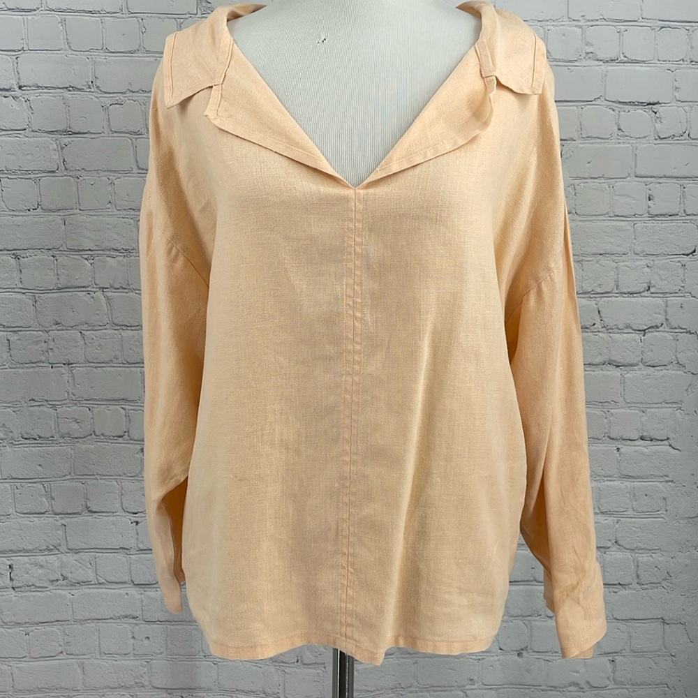 Willi Smith 100% Linen peach creamsicle orange lagenlook boho flowy v neck top
